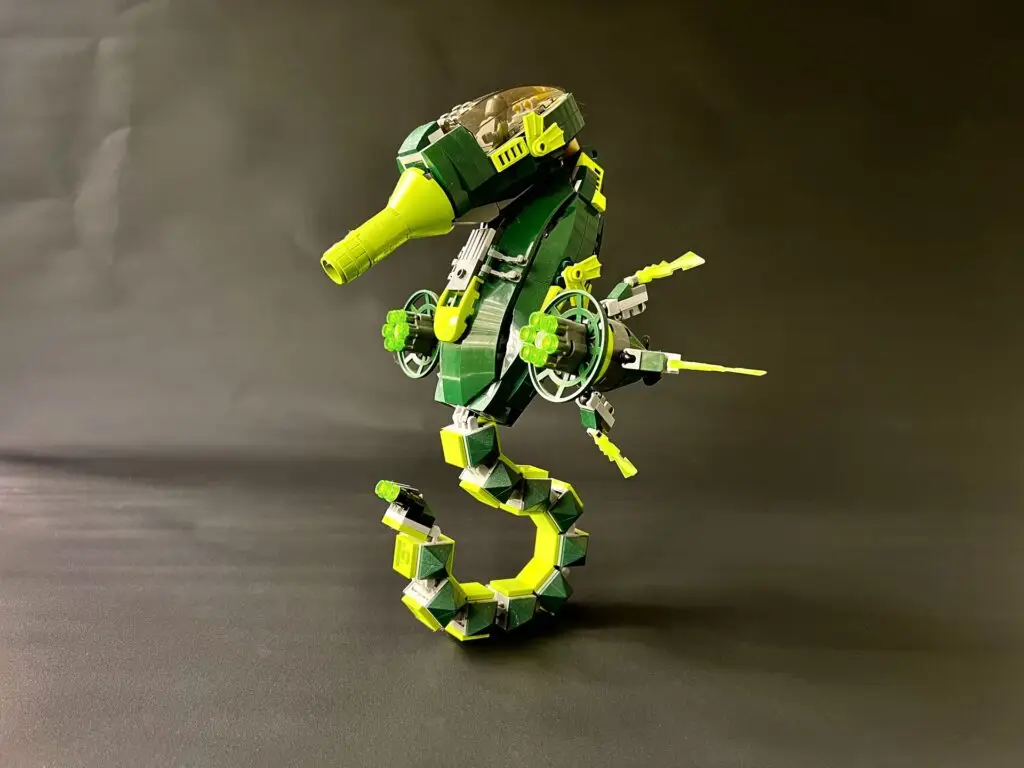Green and chartreuse LEGO seahorse submarine concept model from early 2000s Atlantis playtheme development